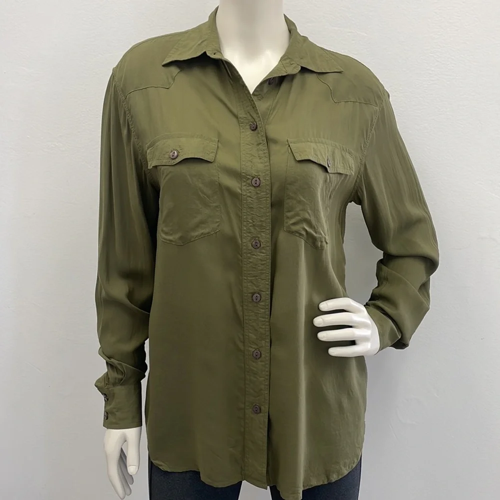 Frye • Olive Green Button-down Addie Top with Front Chest Pockets - Picture 2 of 12